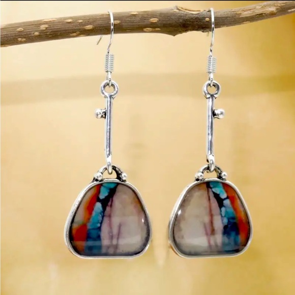 Resin Colorful Silver Dangle Earrings - Picture 4 of 13